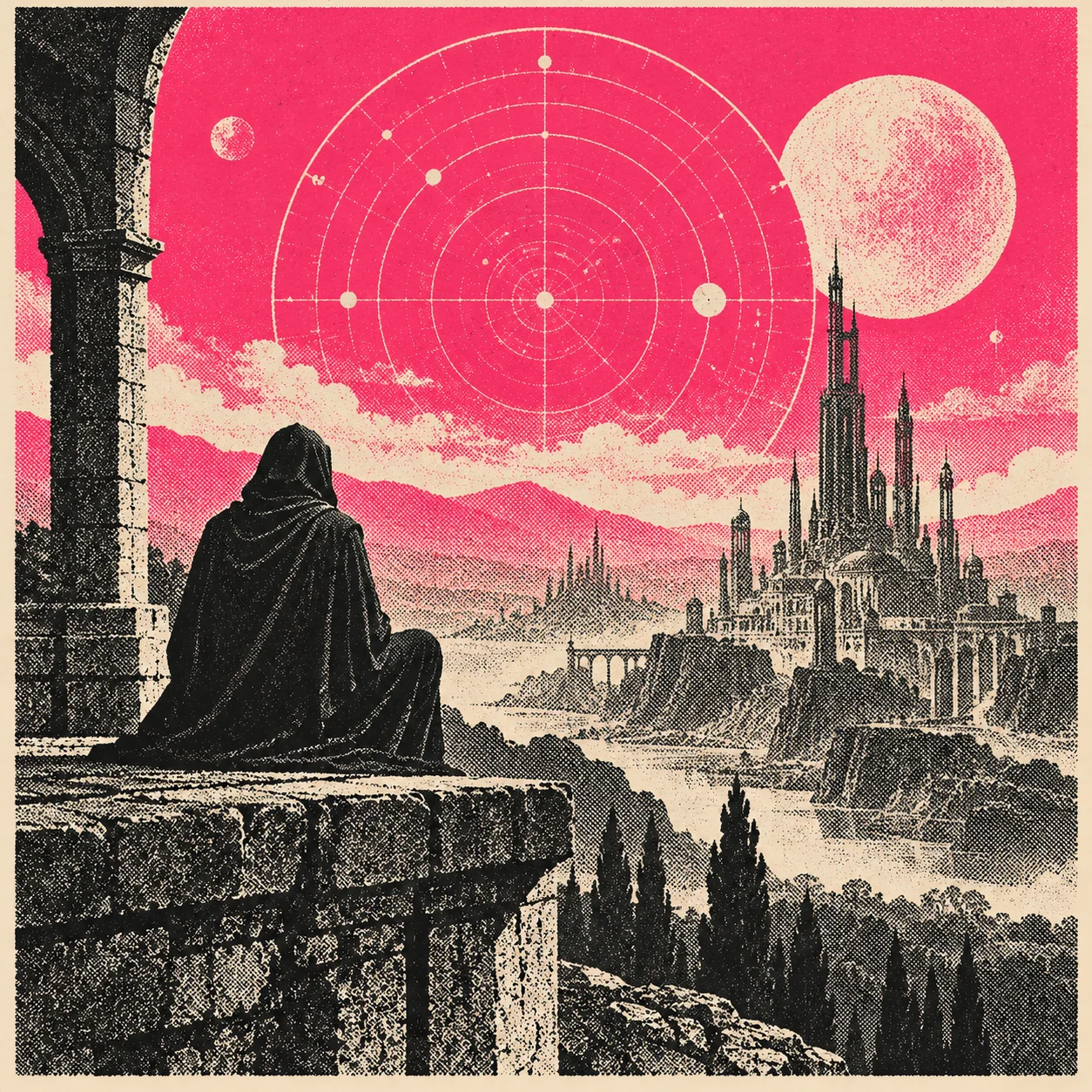 Printed illustration of a figure facing a distant city