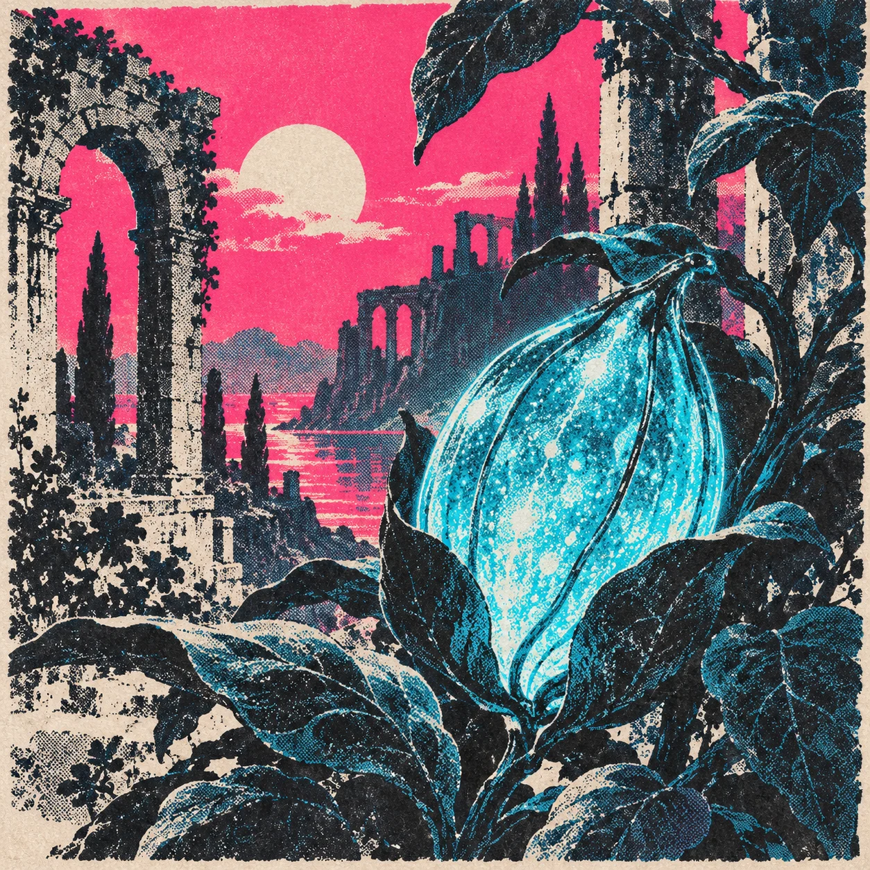 Printed illustration of a glowing seed pod