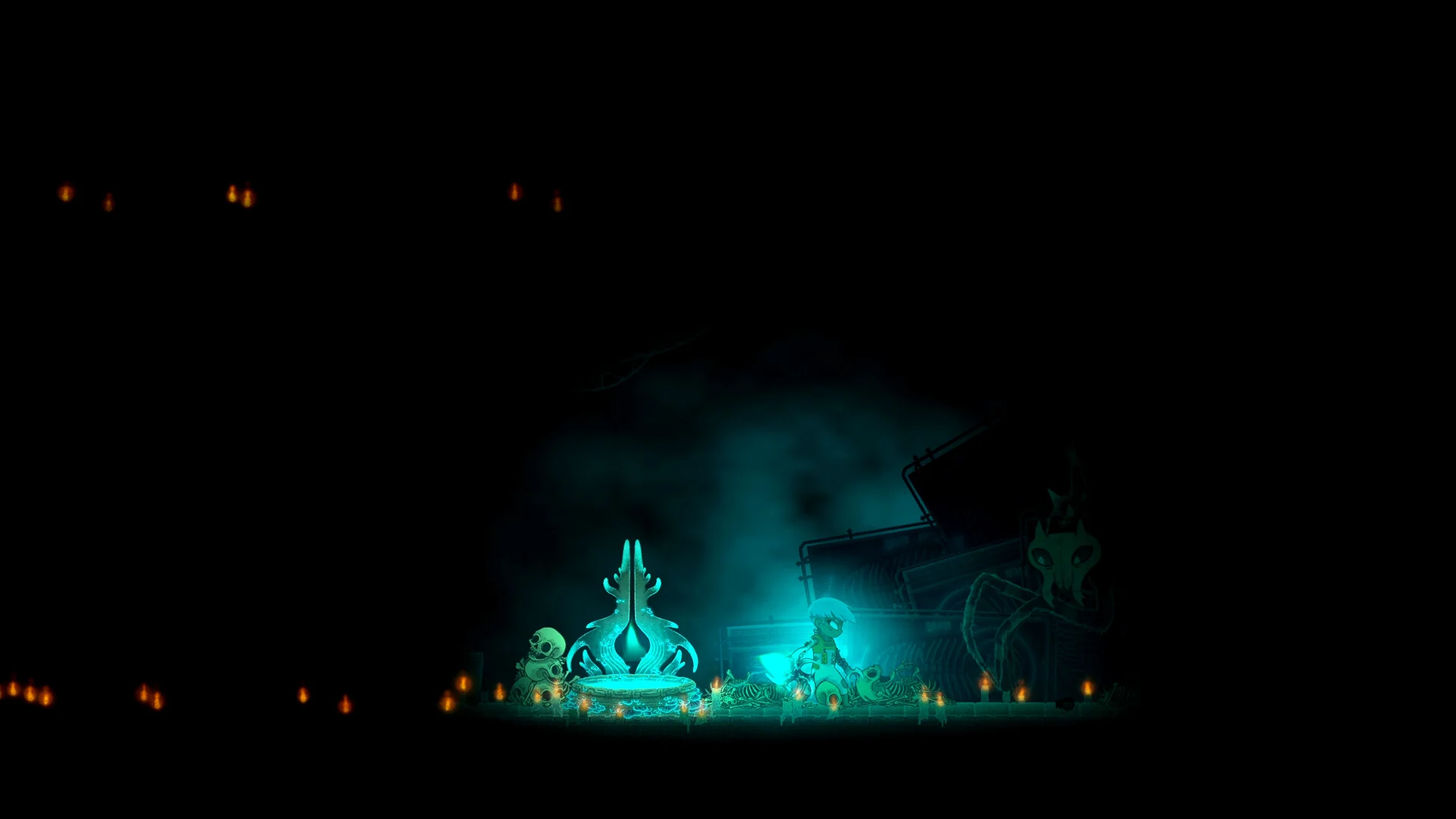 Echo Weaver official screenshot of a dark chamber with a small cyan light
